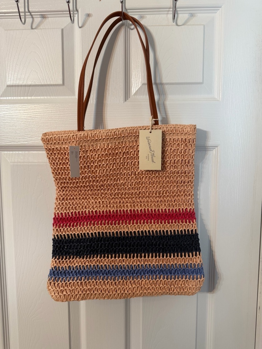Universal Thread Peach Straw Tote with Red, Black, and Blue Stripes